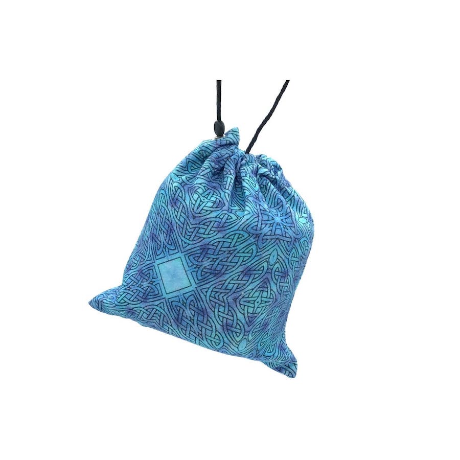 hanging cotton yarn cake holder with blue Celtic interlace knot design