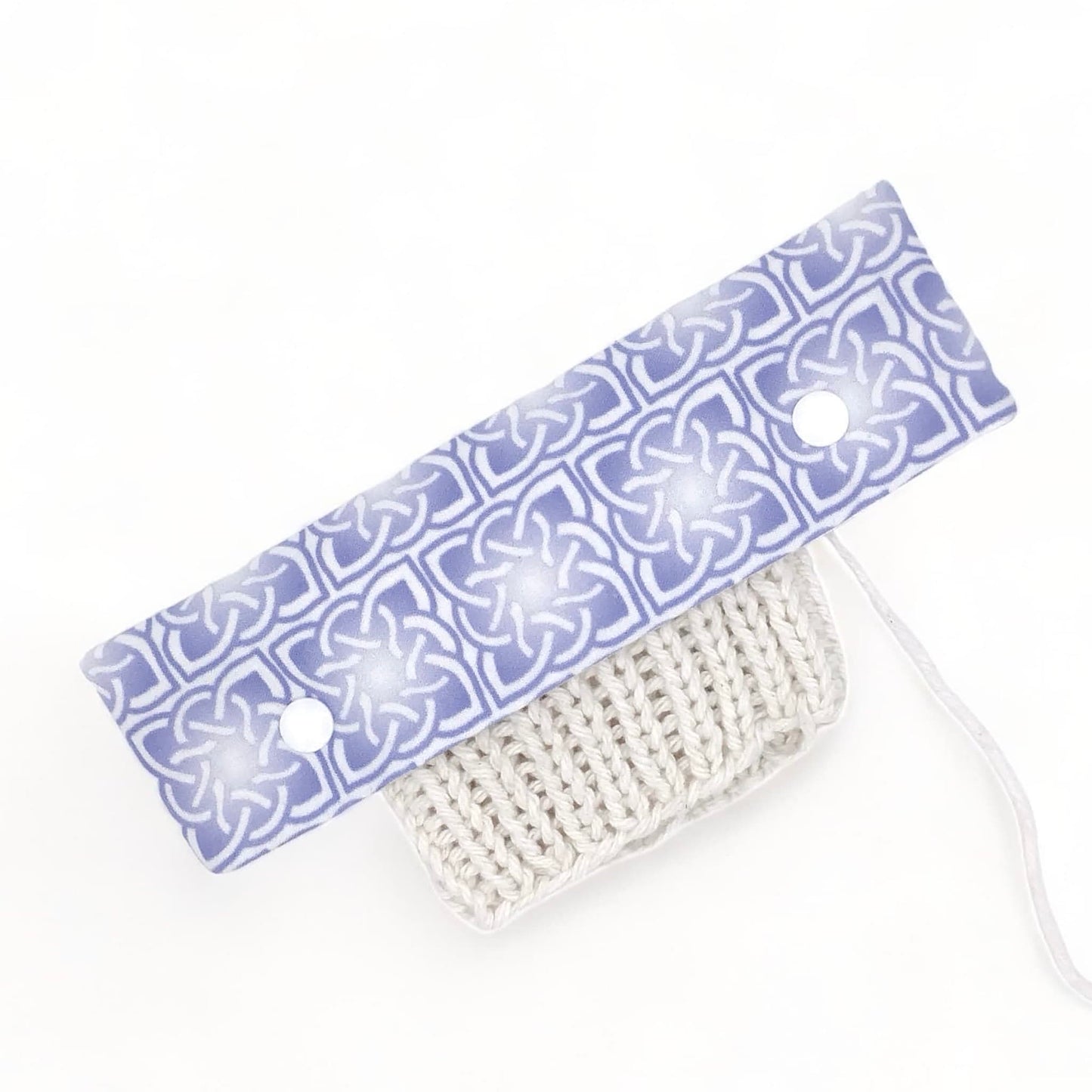 DPN (double pointed needle) holder for sock knitting with blue Celtic knots on white background design