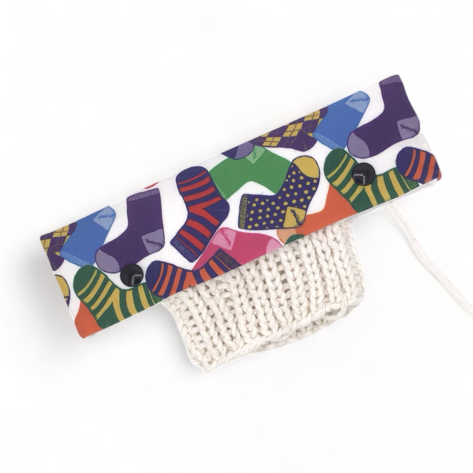 DPN (double pointed needle) holder for sock knitting with colourful socks design