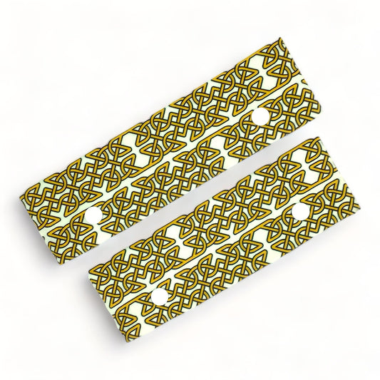 DPN (double pointed needle) holder for sock knitting with gold Celtic braid design