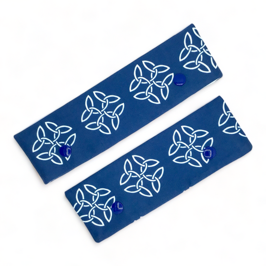 DPN (double pointed needle) holder for sock knitting with square Celtic knots on navy background design